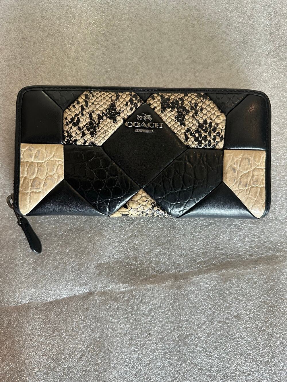 Coach Python Snake Embossed Patchwork Zip Around Wallet Black Ivory